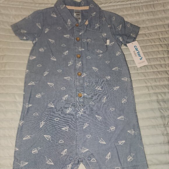 NWT~CARTER'S~TWO Boys Collared Short Sleeve Short Rompers~24m - Picture 2 of 5